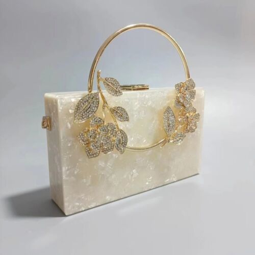 Womens Cream Clutch Evening Bag Bridal Purse Small Box Clutch Gold Crystal
