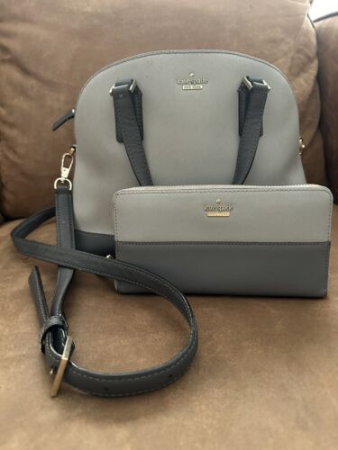 Kate Spade Gray pebbled leather crossbody satchel purse Bag And Wallet Set