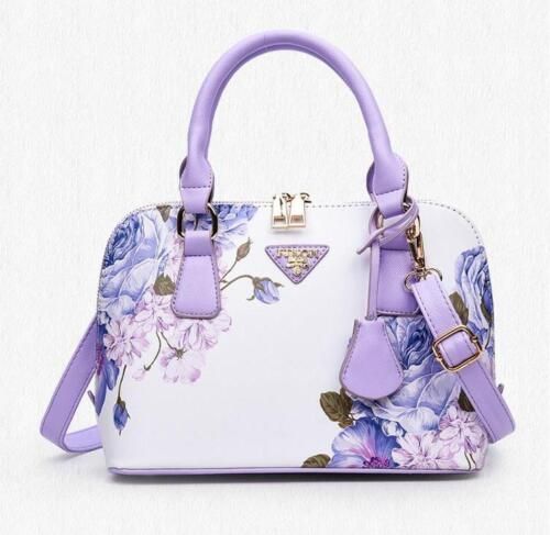 Classy Purple White Floral Purse Handbag Gorgeous Shoulder Bag Shell Shape