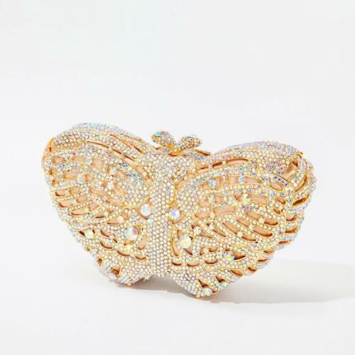 Womens Luxury Handbag Purse Clutch Gold Crystal Butterfly Bag Crystal Butterfly