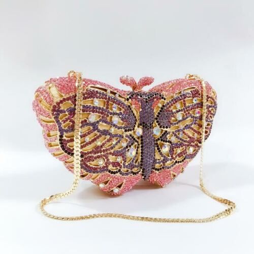 Womens Luxury Handbag Purse Clutch Pink Crystal Butterfly Bag Crystal Butterfly