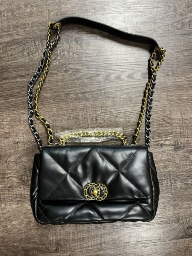 Quilted Fashion Handbag Faux Black Gold Chain Leather Purse Gold